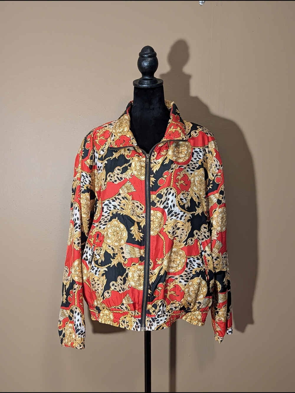 Vintage 90's Printed Bomber Jacket in Red, Black & Gold. Sz L. Retro Streetwear.